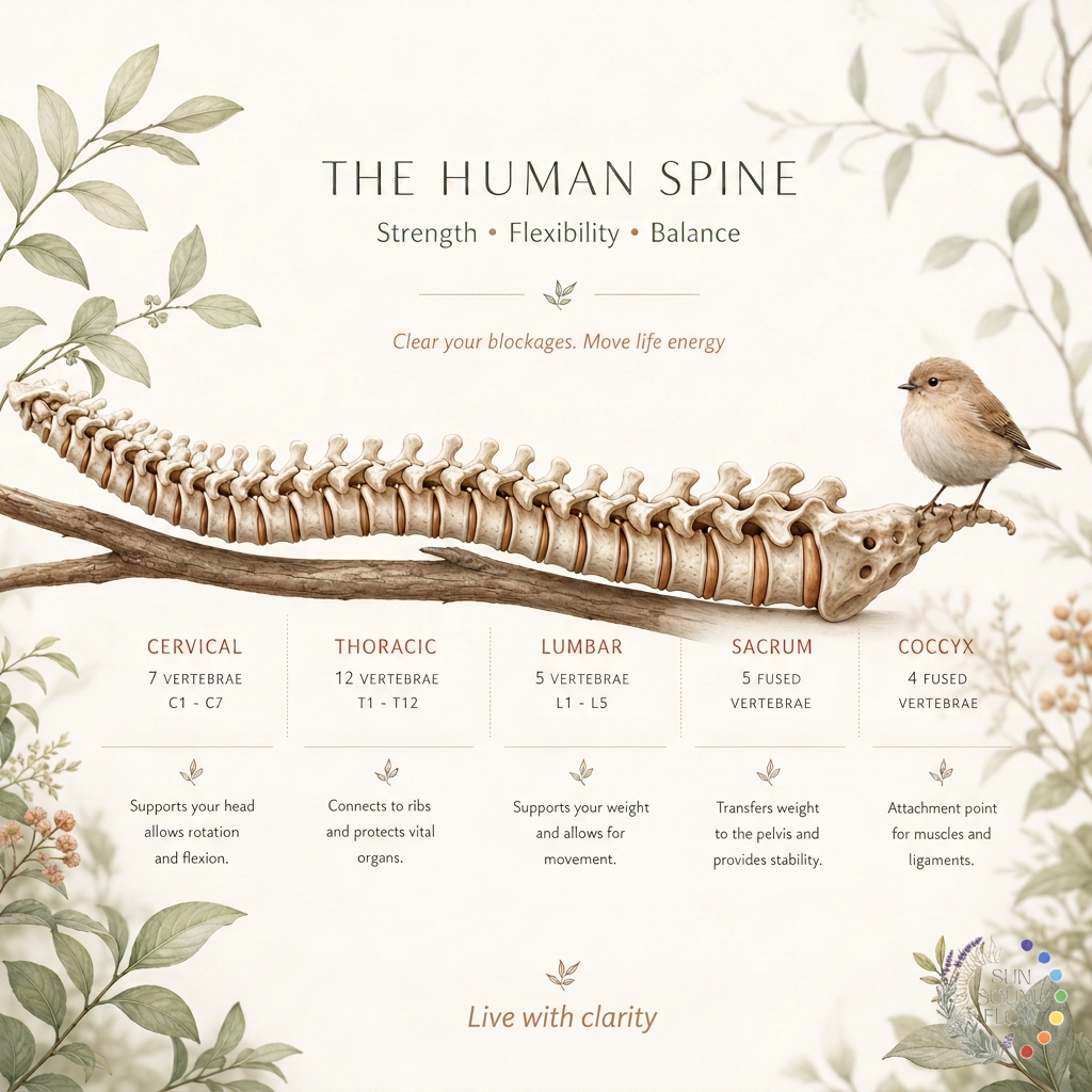 Anatomical human spine lying like a branch with a small bird perched on the coccyx