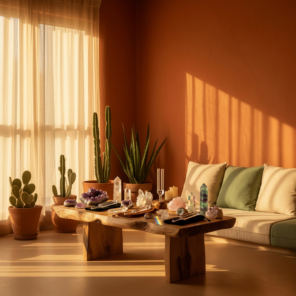 A serene healing room with crystals and tuning forks bathed in warm golden sunlight