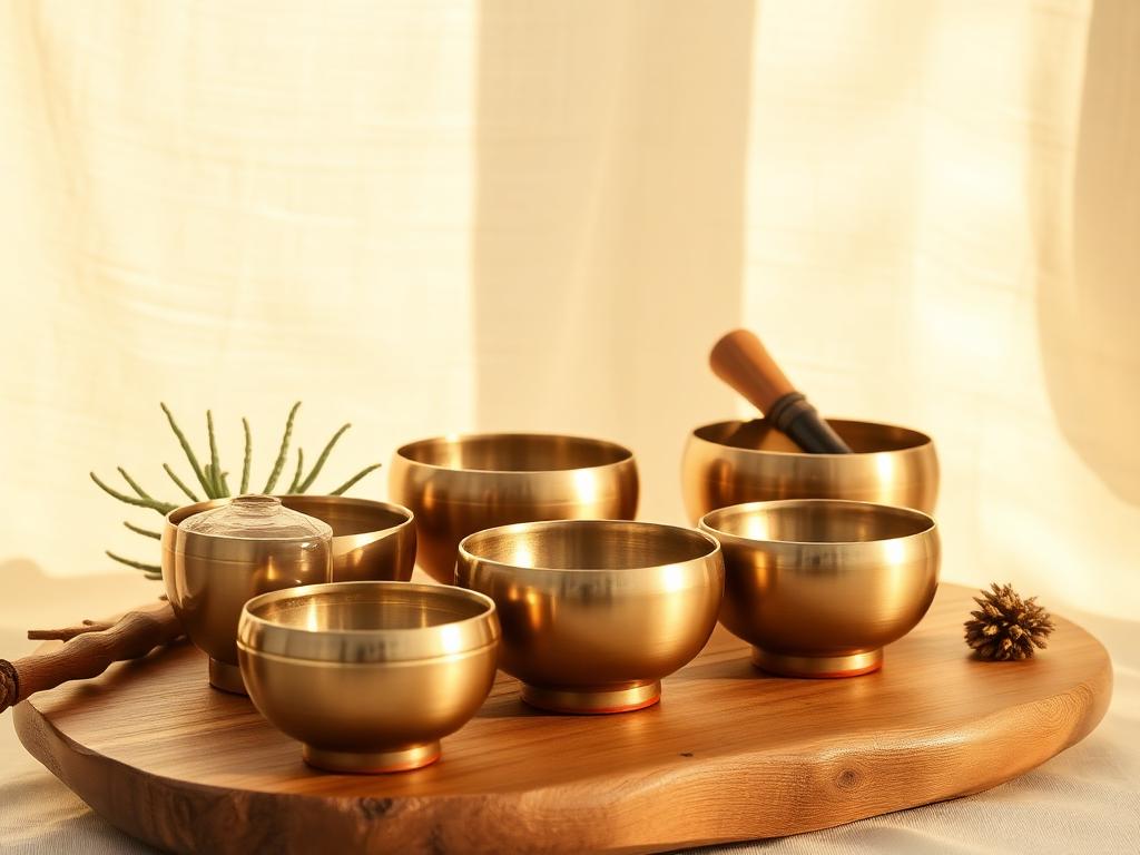 Crystal singing bowls arranged in warm sunlight